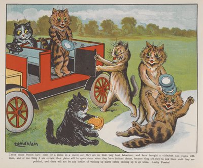 Kissat valmistautuvat piknikille. tekijältä Louis Wain