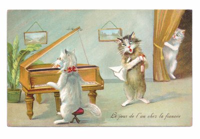 Edvardilainen postikortti, jossa kissa soittaa pianoa ja toinen laulaa, kun kolmas kurkistelee n.1910. tekijältä Louis Wain