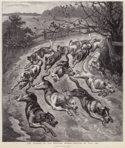 Koirat täydessä itkussa metsästyskauden alussa (litho) tekijältä Louis Wain