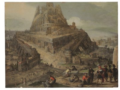 Kuningas Nimrod määrää Baabelin tornin rakentamisen (öljy paneelille). tekijältä Louis de (circle of) Caullery