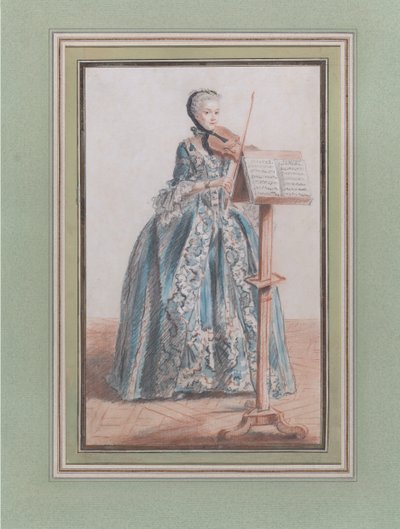 Viulua soittava nainen edestä katsottuna, n. 1758-59. tekijältä Louis de Carmontelle