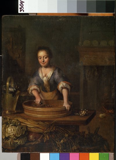 ""Kokki"" (Kokki) Nuori kokki maalaiskeittiössä valmistamassa kaalia. Louis de Monin (1698-1771) maalaus Mikalojus Konstantinas Ciurlionisin taidemuseo, Kaunas, Liettua tekijältä Louis de Moni