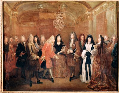 Ranskan kuningas Ludvig XIV vastaanottaa prinssi Frederick Augustus I:n Fontainebleaun linnassa (maalaus tekijältä Louis de Silvestre