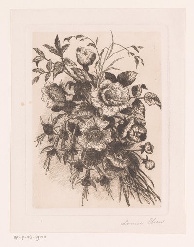 Kukkaasetelma ruusuilla ja vuokoilla tekijältä Louise Elsen (attributed to)