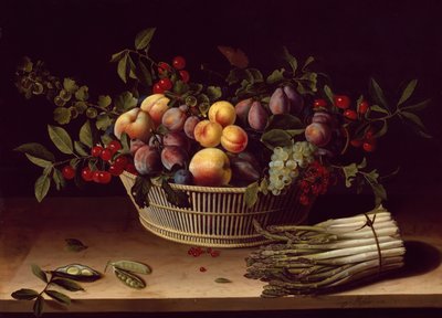 Asetelma hedelmäkorin ja parsan kanssa, 1630. tekijältä Louise Moillon