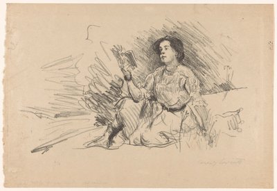 Tyttö lukee, istuu lattialla Lesendes Mädchen tekijältä Lovis Corinth (signed by artist)