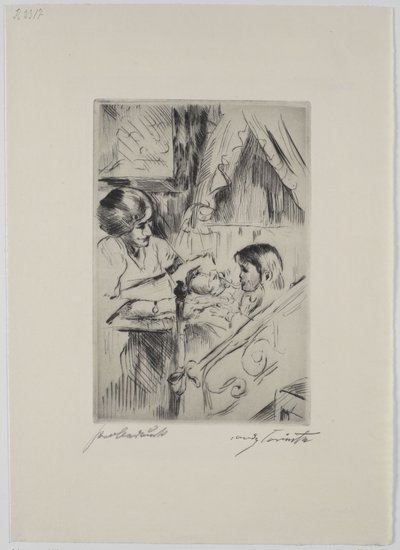 Lapsi sängyssä ja äiti tekijältä Lovis Corinth