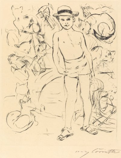 Poika, jolla on uimahousut ja olkihattu tekijältä Lovis Corinth