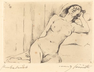 Kolmen neljäsosan lepäävä alaston makuuasennossa oleva nainen, 1911. tekijältä Lovis Corinth
