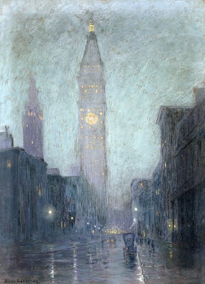 Madison Avenue at Twilight (pastelli ruskealle paperille) tekijältä Lowell Birge Harrison
