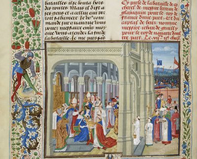 Kaarle V:n kruunaus Ranskan 19. toukokuuta 1364, noin 1470-1475. tekijältä Loyset Liedet