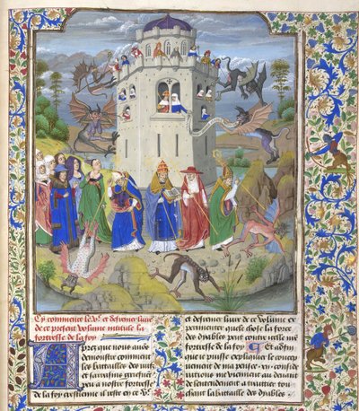 Pyhän Gregorin, Augustinuksen, Hieronymuksen ja Ambroseen pienoismalli taistelevat demoneja vastaan, 1400-luvun loppu. tekijältä Loyset Liedet