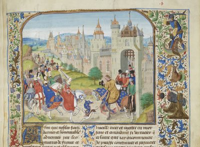 Ranskalaisen Isabellan toivotti hänen veljensä Kaarle IV tervetulleeksi Pariisiin, noin 1470-1475. tekijältä Loyset Liedet