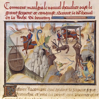 Ms 5072 fol.37v Maugis taistelee käärmettä vastaan ja saa Lumotun hevosen, Bayard, Renaud de Montauban -syklistä tekijältä Loyset Liedet