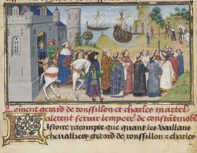 Bysantin keisari toivotti Roussillonin ja Martelin tervetulleeksi, 1468-1470 tekijältä Loyset Liedet