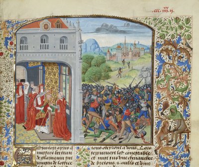 Paavi Gregorius XI:n kruunaus ja Pontvallainin taistelu, 1370, noin 1470-1475. tekijältä Loyset Liedet