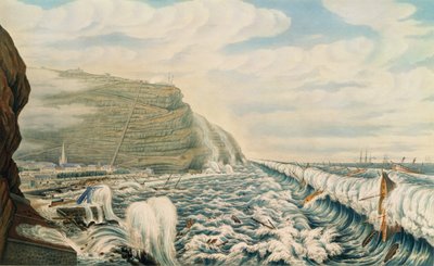 Näkymä Jamestownista ja satamasta, Pyhä Helena, kaiverrettu T. Pickenin toimesta, noin 1846 (kaiverrus). tekijältä Lt. F.R. Stack
