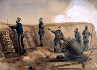 Kuninkaallisen tykistön 13-tuumainen kranaatinheitin toiminnassa, 1855 (wc lyijykynällä paperille). tekijältä Lt. Henry James Alderson