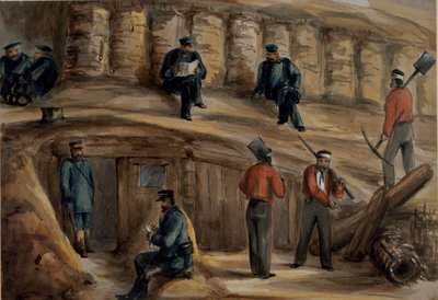 Kuninkaallisen tykistörykmentin tykkimiehet lepäämässä Sebastopolin juoksuhaudoissa, n. 1855 tekijältä Lt. Henry James Alderson