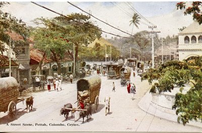 Katunäkymä, Pettah, Colombo, Ceylon, noin 1900-20 (käsivärillinen valokuva). tekijältä Ltd. Ceylon Plâté