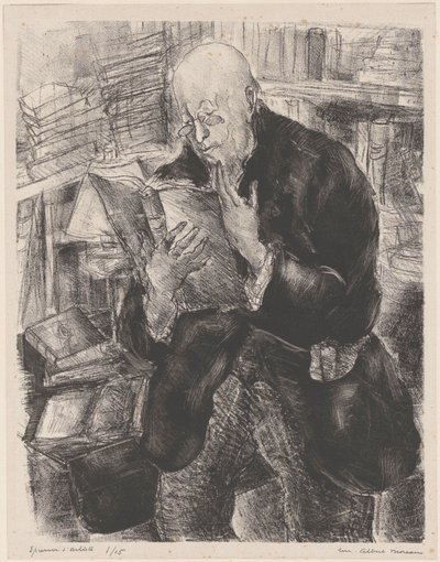 Mies lukee kirjastossa tekijältä Luc Albert Moreau (signed by artist)