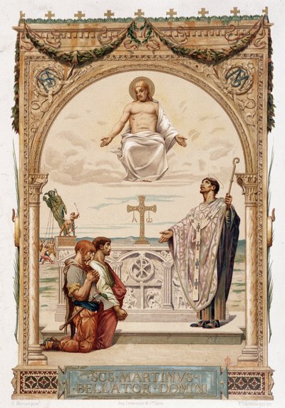 Pyhä Martin (Saint Martin) Gallian evankelista Kristuksen silmän alla - kromo. Mersonin maalauksen mukaan tekijältä Luc Oliver Merson