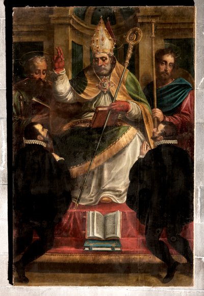 Genova, Duomo (Pyhän Laurentiuksen katedraali): "Pyhä Gotthard Pyhän Paavalin ja Pyhän Jaakobin ja kahden polvistuvan palvojan välillä" (1571), Luca Cambiaso (uudelleenmaalauksilla Carlo Giuseppe Ratti) tekijältä Luca Cambiaso