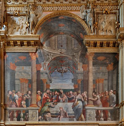 Genova, Duomo (Pyhän Laurentiuksen katedraali), sisällä, Lercari-kappeli tai Siunatun Sakramentin kappeli (pohjoinen apsi), pohjoispuoli: "Esitys temppelissä", fresko Luca Cambiaso tekijältä Luca Cambiaso