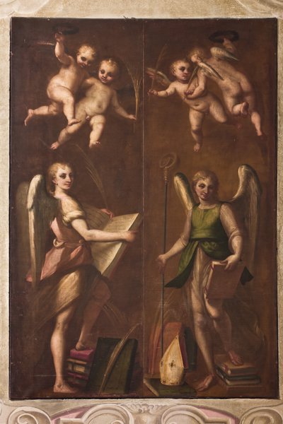 Genova, Duomo (St Lawrence Cathedral), sakristi, kappeli: "Enkelit piispanmerkeillä, kirjoja ja palmunoksia", kirjoittanut Luca Cambiaso, noin 1580 tekijältä Luca Cambiaso