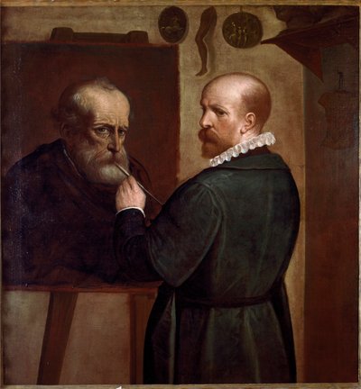 Isänsä muotokuvan tekevän taiteilijan omakuva Luca Cambiason (1527-1585) maalaus 1570 noin. Aurinko. 104x97 cm Genes, Musei di Strada Nuova tekijältä Luca Cambiaso