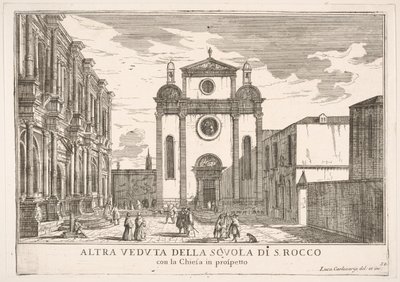 Levy 38: Näkymä St. Rochin kirkon julkisivusta ja vasemmalla Schoo...n julkisivusta, 1703. tekijältä Luca Carlevarijs