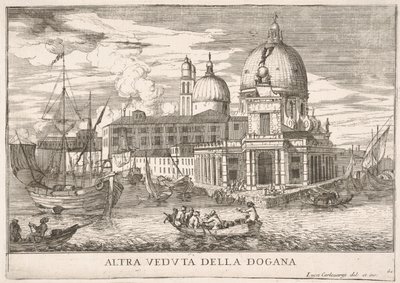 Kilpi 61: Näkymä Dogana da Marin tullitalolle Canal Granden yhtymäkohdassa, 1703. tekijältä Luca Carlevarijs