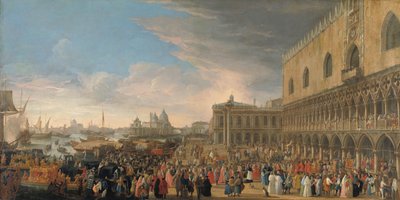 Ranskan suurlähettilään saapuminen Venetsiaan vuonna 1706 Abbé de Pomponnena tunnetun Henri-Charles Arnauld de Pomponnen seremoniallinen saapuminen Venetsiaan Ranskan suurlähettiläänä 10. toukokuuta 1706 tekijältä Luca Carlevarijs