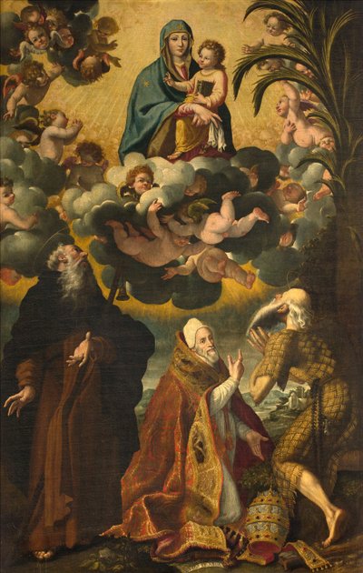 Pyhän Antoniuksen, Madonnan ja lapsen alttari pyhien Anthonyn kanssa Abotti Paul Hermit ja paavi Gregorius XIV, Luke Cattapane 1593 tekijältä Luca Cattapane
