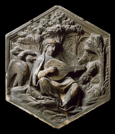 Musiikin allegooria orfeena Metsän eläimet kuuntelevat Orpheen soittavan luuttua. Korkea helpotus Luca della Robbia tekijältä Luca Della Robbia