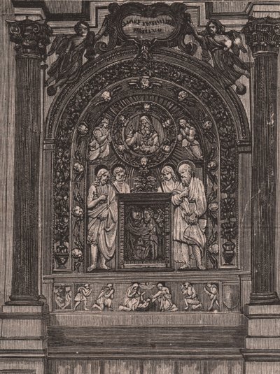 Santa Maria delle Grazien kirkon alttari, kirjoittanut Luca della Robbia, Montepulciano, Toscana, Italia, puupiirros Le cento citta d