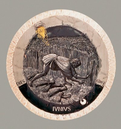Kesäkuu: talonpoika korjuu vehnää. Luca della Robbian terrakotta tekijältä Luca Della Robbia