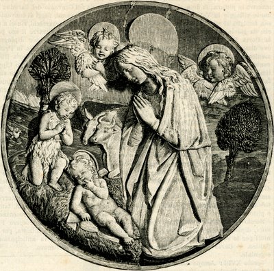 Madonna palvomassa lasta Johannes Kastajan ja kerubien kanssa, kirjoittanut Luca della Robbia (1399/1400-1482), Prato, Toscana, Italia, puupiirros Le cento citta d