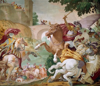 Antenorin elämä, yksityiskohta Luca Ferrarin (1605-1654) freskosarjasta, Villa Selvaticon keskussali, Battaglia Terme, Veneto, Italia tekijältä Luca Ferrari