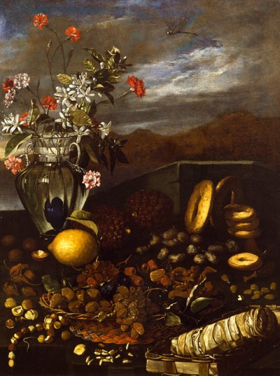 Asetelma kuivatuilla hedelmillä, kukilla ja maisemalla, Luca Forte (1610-1670) tekijältä Luca Forte