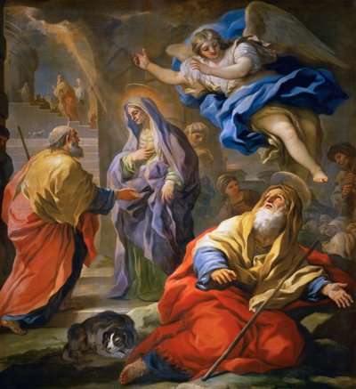 Barokki: Joachim vastaanottamassa lupauksen ja pyhien Joachim ja Anne tapaaminen Kultaisella portilla, Giordano, Luca (1632-1705), noin 1696. Öljypurkki tekijältä Luca Giordano