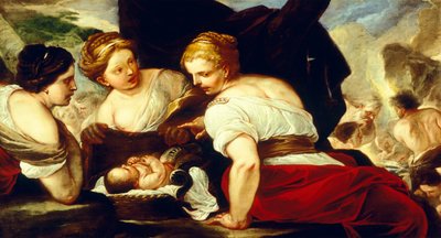 Cecropsin tyttäret avauskori, jossa on vauva Erichthonius, kirjoittanut Luca Giordano (1634-1705), öljy kankaalle, 76,5x133,5 cm tekijältä Luca Giordano