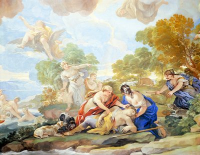 Adonisin kuolema, yksityiskohta freskosarjasta Luca Giordanon (1634-1705) peilihallissa, fresko, Palazzo Medici Riccardi, Firenze tekijältä Luca Giordano