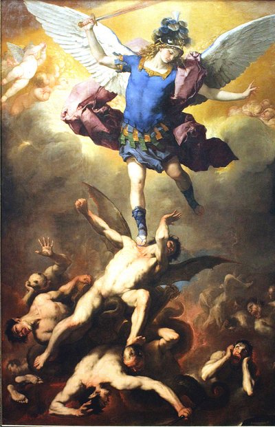 Arkkienkeli Mikael kukistaa luopioenkelit. tekijältä Luca Giordano