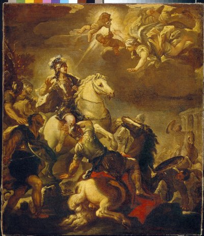 Ristin ilmestyminen keisari Konstantinukselle (Flauius Valerius Aurelius Constantinus, 272-306). (Ristin ilmestyminen keisari Konstantinukselle). Luca Giordanon (1632-1705) maalaus, öljy kankaalle, noin 1680. Italialainen taide (Napoli) tekijältä Luca Giordano