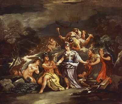 aMinerva taiteiden ja tieteiden suojelijana, Luca Giordano, öljy kankaalle tekijältä Luca Giordano
