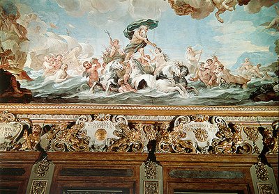 Neptunus, gallerian katon yksityiskohta, n.1670-88 (fresko) tekijältä Luca Giordano