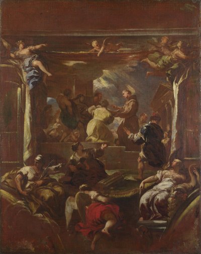 Pyhä Antonius Padovalainen kunnosti miehen jalan ennen vuotta 1700. tekijältä Luca Giordano
