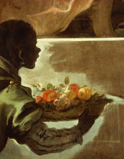 Palvelija esittelee hedelmäkorin, yksityiskohta kunnianosoituksesta Velazquezille Santiestebanin kreiville tekijältä Luca Giordano