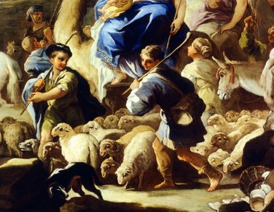 Lampaat ja paimenet, yksityiskohta Rebeccan lähdöstä Kanaaniin, kirjoittanut Luca Giordano (1634-1705), öljy kuparille, 59x85 cm tekijältä Luca Giordano